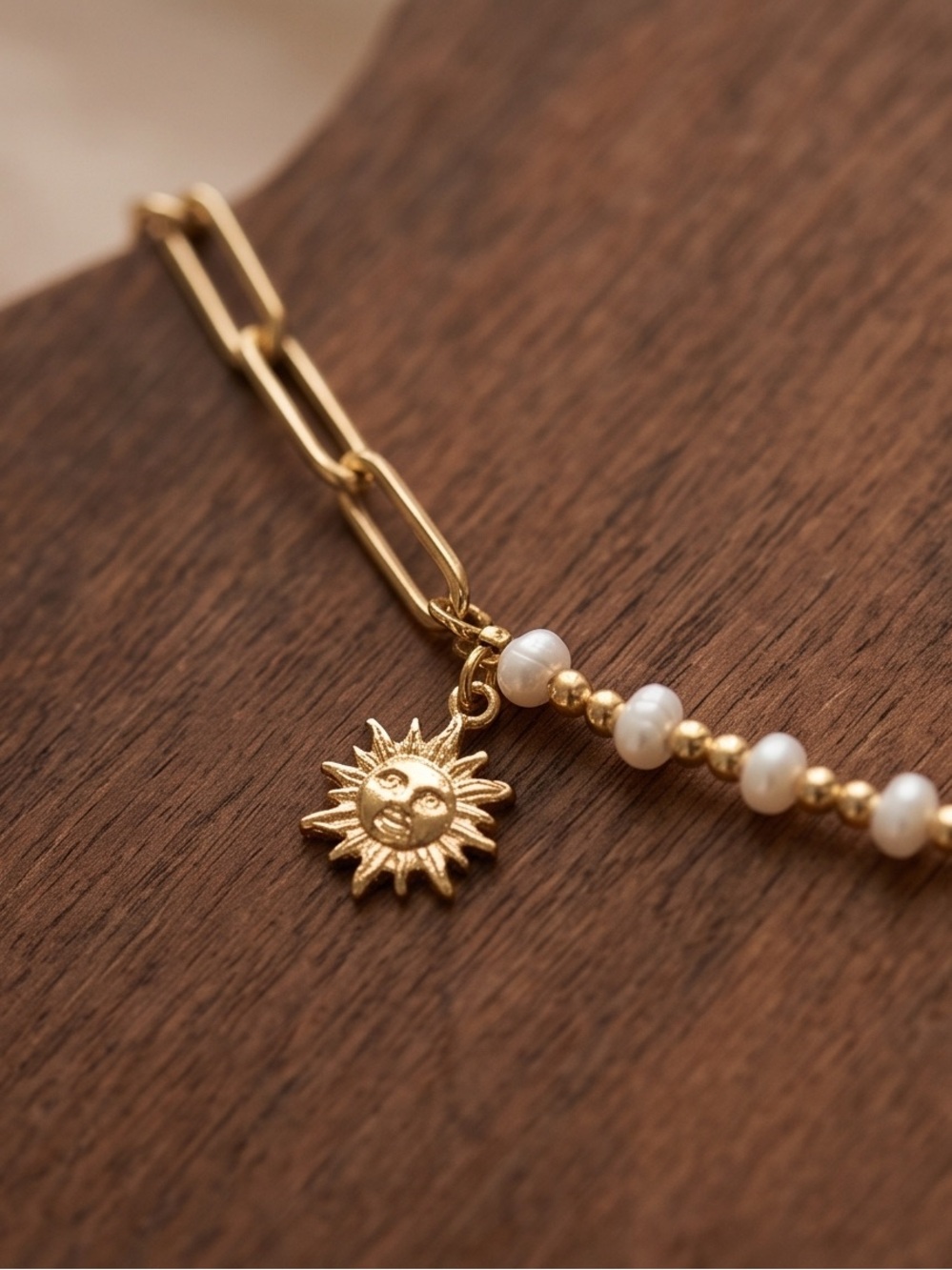 Oshena 18k Gold over Sun Charm Pearl Necklace - Women's Layering Necklace